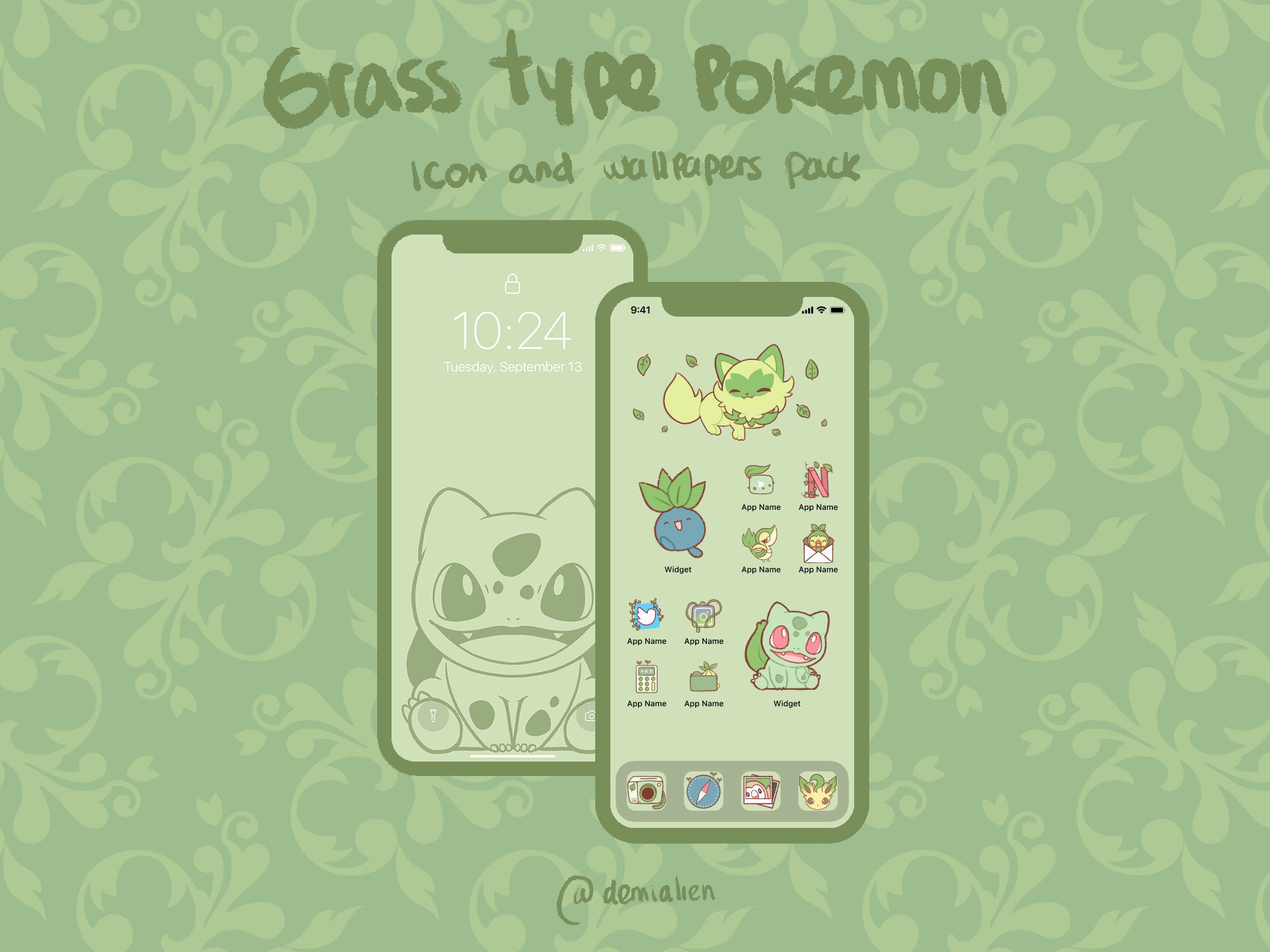 Grass Type Pokemon Phone Icon and Wallpapers Pack for Ios, Android or