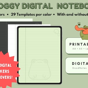 Froggy Digital Notebook, Printable Notepaper, Template, GoodNotes, Pastel green