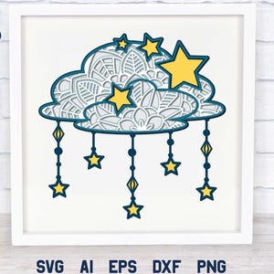 3D-gelaagde wolken mandala SVG, kinderkamerontwerp met sterren, babyshowerdecoratie.