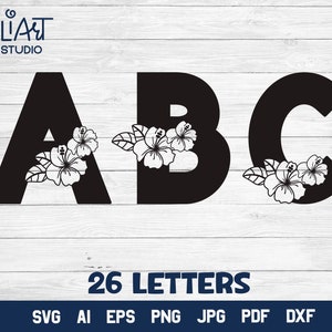 Lettres florales SVG, ABC tropical, lettres de l'alphabet SVG avec Hibiscus.