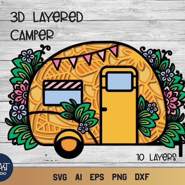 Camper SVG, 3D Layered SVG Camping, Happy Camper SVG.