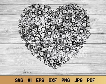 Heart SVG, Zentangle Heart SVG, Floral Heart Valentines Day PNG Design.