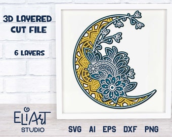 May include: A 3D layered cut file design of a crescent moon with intricate floral patterns in shades of blue and yellow. The design is made up of 6 layers and is available in SVG, AI, EPS, DXF, and PNG formats.
