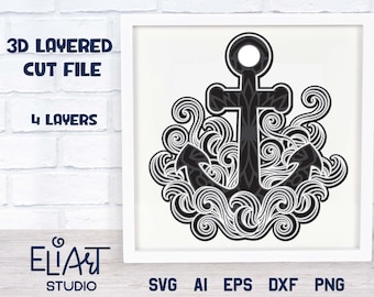 3d Layered Anchor SVG, Nautical SVG Intricate Design, Boat Anchor and Waves.