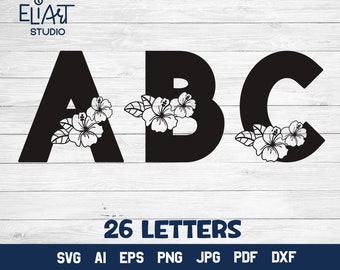 Letras florales SVG, ABC tropical, letras del alfabeto SVG con hibisco.