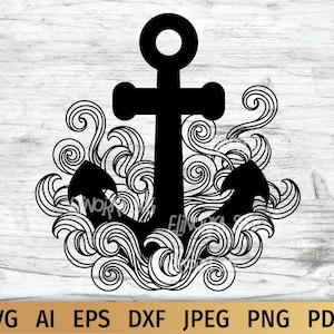 Puede incluir: Un ancla negra con un diseño de onda estilizado a su alrededor. El ancla es un símbolo náutico de esperanza y estabilidad.