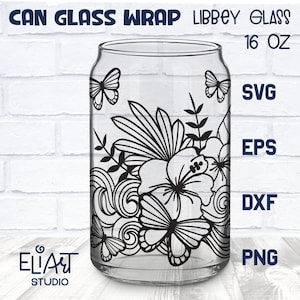 Butterflies Libbey Glass Can SVG, Tropical Beer Glass Can Wrap, 16 OZ Libbey Glass Summer PNG.