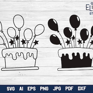 Geburtstagstorte PNG, Line Art Kuchen mit Luftballons, Geburtstagsparty Dekoration.