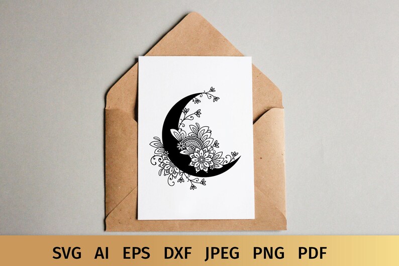 May include: A black and white illustration of a crescent moon with intricate floral designs.