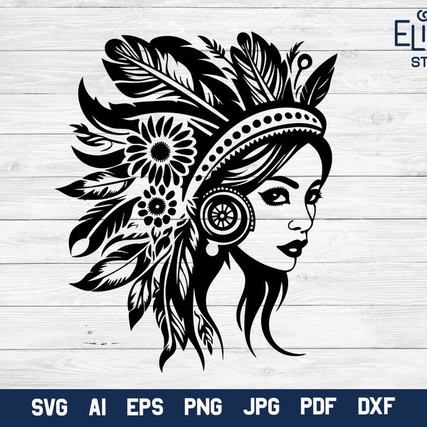 Boho Girl SVG Design, Floral Tribal Girl PNG Illustration, Tribe Headdress.