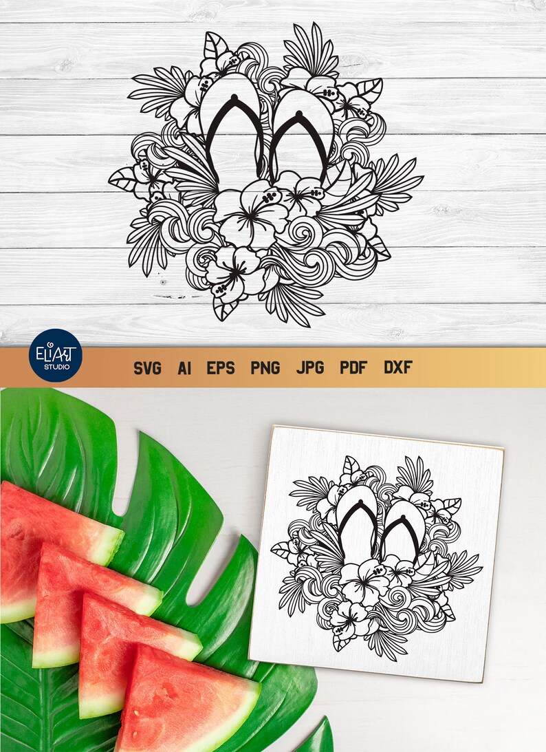 Summer Flip flops SVG with Hibiscus Flower and Ocean Waves Design for T-shirts, Pillows, Mugs, Tote bags and Wall art. Compatible with Cricut and Silhouette Cutting Machines