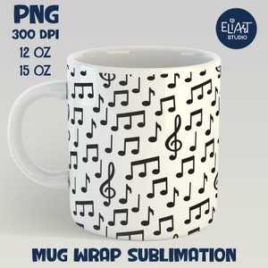 Music Mug Sublimation, Treble Clef Full Mug Wrap Sublimation, Mug Sublimation with Music Notes.