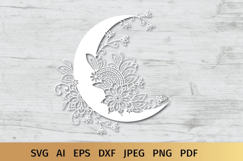 May include: A white crescent moon with intricate floral designs, perfect for crafting and decorating.