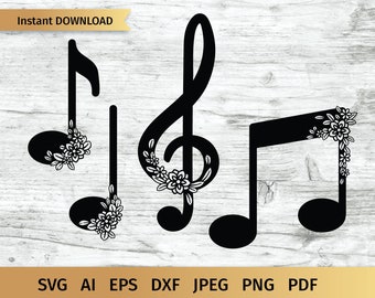 Notas musicales SVG, diseño de música SVG, archivo de corte SVG de música floral.
