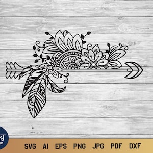 Boho Arrow SVG, Floral Arrow SVG, Ethnic SVG with Flowers and Feathers.