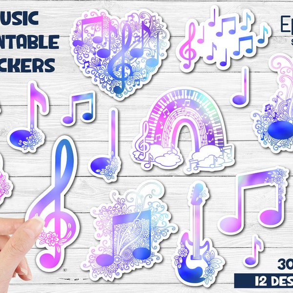 Music Stickers Bundle, Musical Notes Printable Stickers, Stickers with Flowers Instruments and Notes.