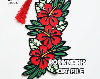 Marcapáginas de flores de hibisco SVG, Marcapáginas SVG, Regalo para amantes de los libros, Plantilla de marcapáginas floral, Marcapáginas en capas, Marcapáginas de flores tropicales.