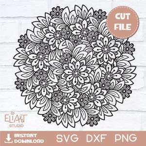 Mandala floreale SVG, fiori zentangle, disegno intricato di fiori.