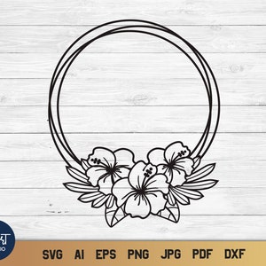 Tropical Flower SVG Circle Frame, Hibiscus Round Monogram, Hawaiian ...