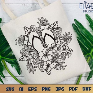 Summer Flip flops SVG with Hibiscus Flower and Ocean Waves Design for T-shirts, Pillows, Mugs, Tote bags and Wall art. Compatible with Cricut and Silhouette Cutting Machines