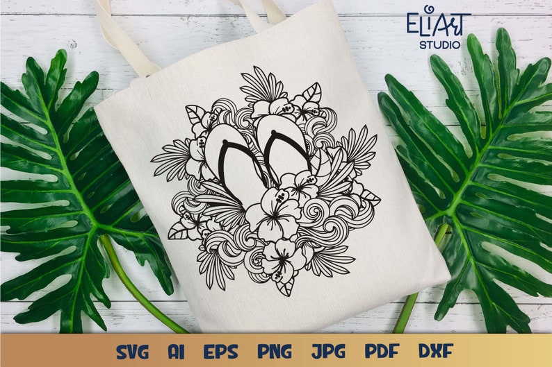 Summer Flip flops SVG with Hibiscus Flower and Ocean Waves Design for T-shirts, Pillows, Mugs, Tote bags and Wall art. Compatible with Cricut and Silhouette Cutting Machines