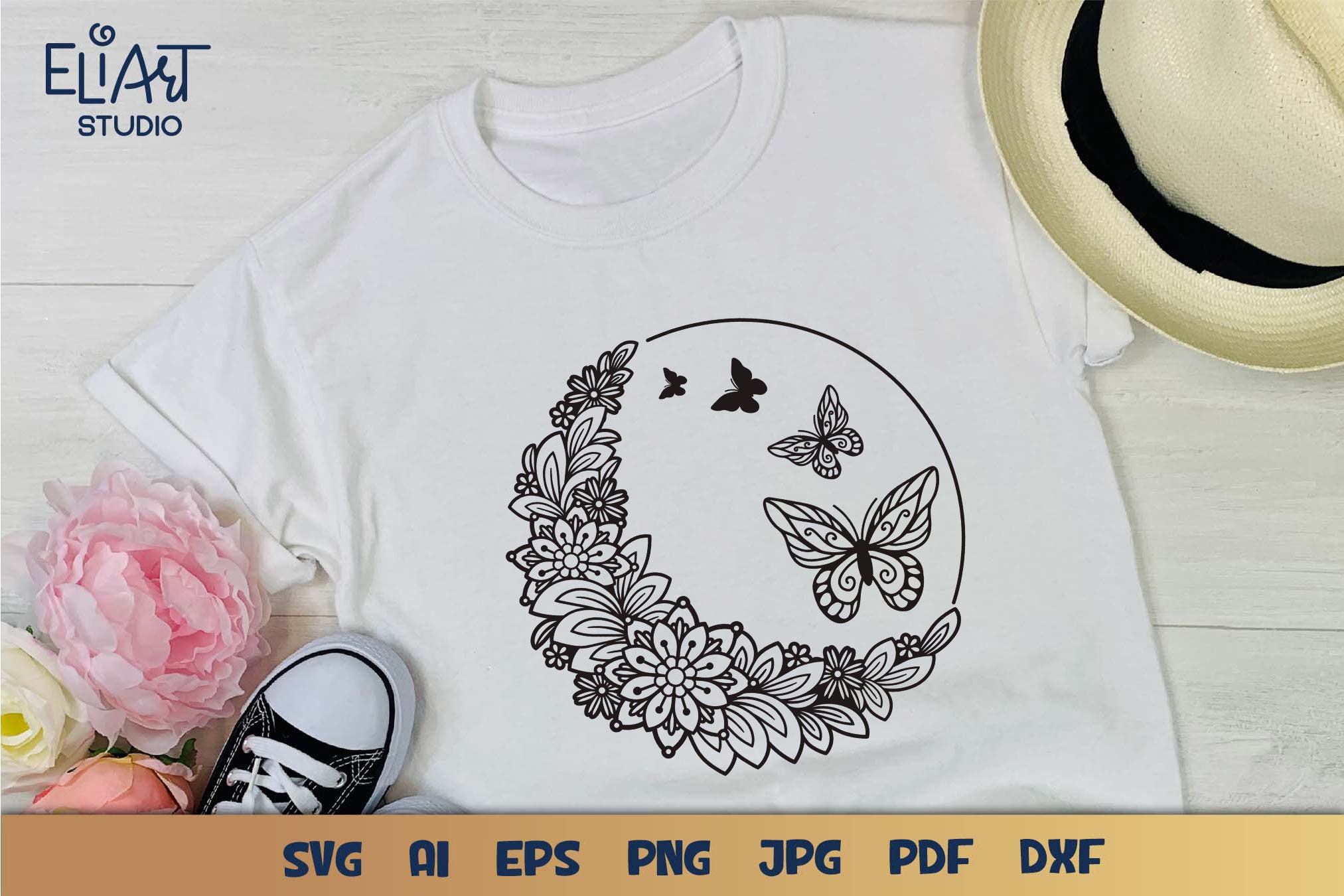 Split Moon Svg Floral Moon SVG Half Moon SVG With Butterflies Celestial SVG | Etsy