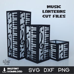 May include: Three black paper lantern cut files featuring a musical theme. The lanterns are decorated with musical notes and piano keys. The text "MUSIC LANTERNS CUT FILES" is displayed at the top of the image.