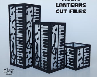 Linterna musical SVG, linterna de papel 3D SVG con notas musicales, centro de mesa musical, linterna de papel con teclado de piano, regalo para profesor de música.