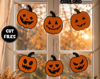 Guirnalda de calabazas de Halloween en formato SVG, conjunto de calabazas de Halloween en formato SVG, decoración de Halloween con cara de calabaza en capas.