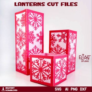 Könnte beinhalten: Drei rote Papierlaternen mit Schneeflocken-Ausschnitten. Die Laternen sind unterschiedlich groß und in einer Reihe vom größten zum kleinsten angeordnet. Die Laternen stehen auf einem weißen Hintergrund. Der Text "LANTERNS CUT FILES" befindet sich oben im Bild. Der Text "SVG AI PNG DXF" befindet sich unten im Bild.
