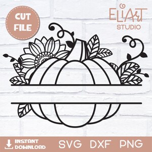 Könnte beinhalten: Schwarzweißes Line-Art-Design eines Kürbisses mit einer Sonnenblume und Blättern. Der Kürbis ist in der Mitte geteilt, mit Platz für Text.  SVG-, DXF- und PNG-Dateien sind enthalten.