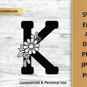 Carta floral K svg, flor alfabeto svg, archivo digital svg inicial.