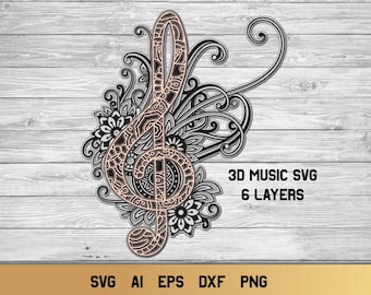 Clave de sol SVG, SVG de música en capas 3D, Archivo de corte intrincado SVG de profesor de música.