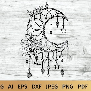 Tribal Dream Catcher SVG, Floral Moon Dreamcatcher SVG, Boho Dreamer Celestial Design.