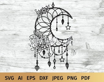 Tribal Dream Catcher SVG, Floral Moon Dreamcatcher SVG, Boho Dreamer Celestial Design.