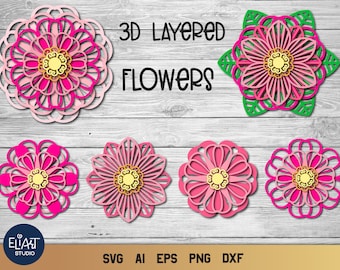3D SVG Layered Flower Mandala, Floral Bundle SVG, Layered Flower Design.
