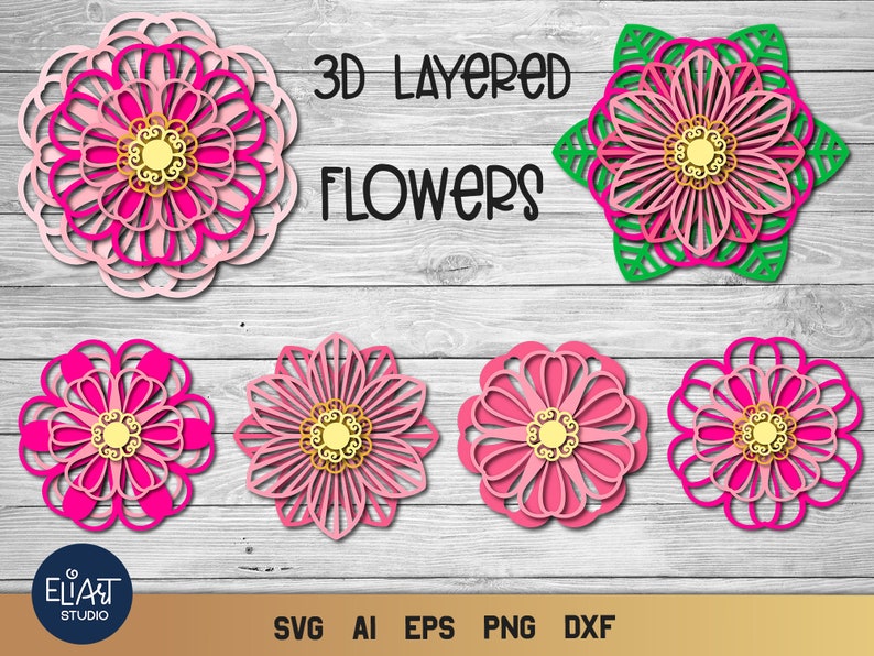 3D Layered SVG Floral Bundle, Flower Mandala SVG, 6 Floral Designs Compatible with Cricut and Silhouette Cutting Machines.