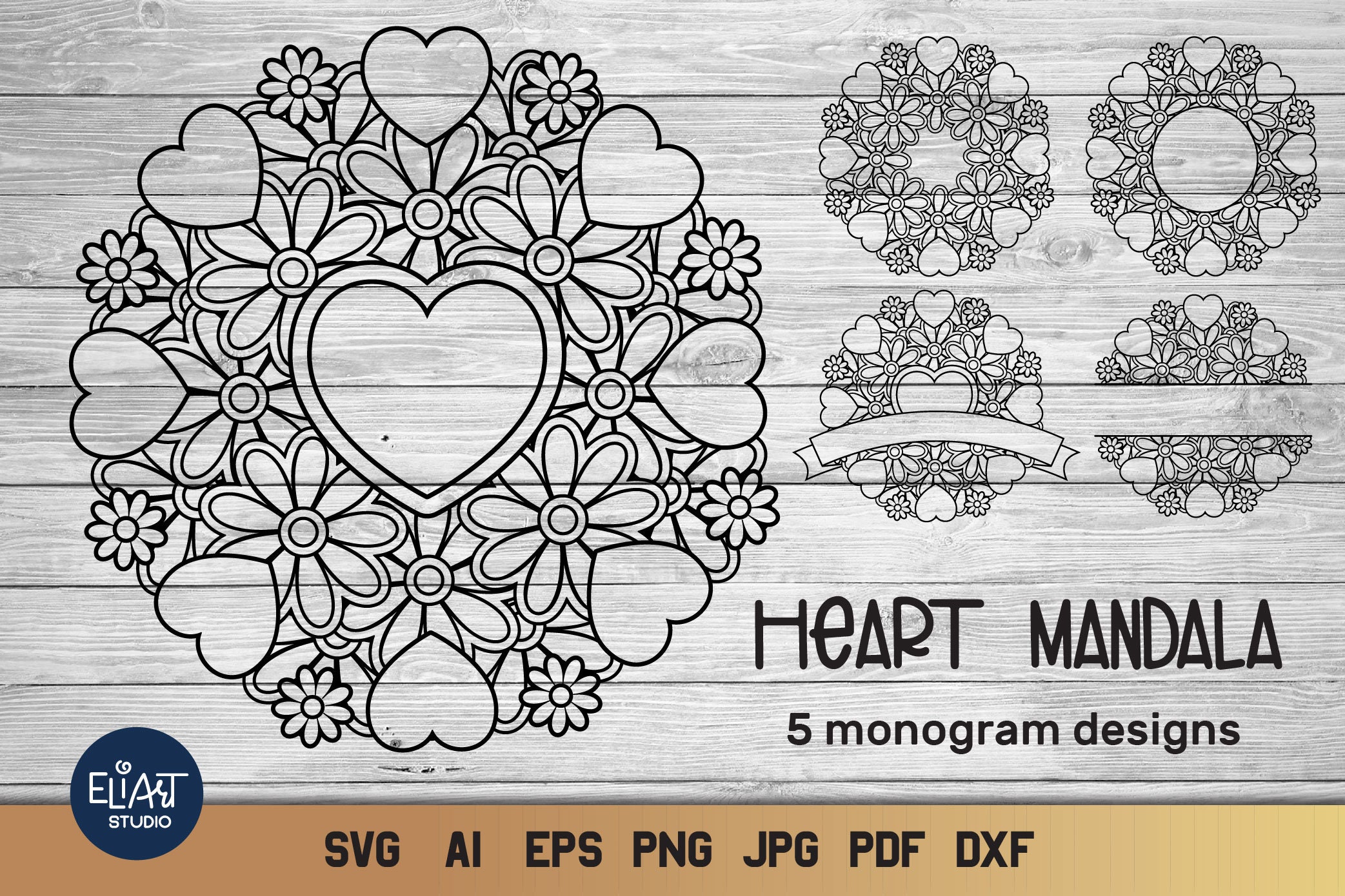 Heart Mandala SVG With Flowers, Love Circle and Split Monogram SVG, 5 ...