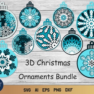 Pacchetto SVG di ornamenti a forma di fiocco di neve, ornamenti SVG a strati, mandala natalizio SVG 3D.