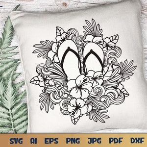 Summer Flip flops SVG with Hibiscus Flower and Ocean Waves Design for T-shirts, Pillows, Mugs, Tote bags and Wall art. Compatible with Cricut and Silhouette Cutting Machines