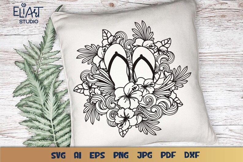 Summer Flip flops SVG with Hibiscus Flower and Ocean Waves Design for T-shirts, Pillows, Mugs, Tote bags and Wall art. Compatible with Cricut and Silhouette Cutting Machines