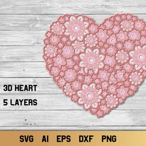 Floral Heart SVG, 3D Gelaagd Hart - 5 lagen, Digitaal Snijbestand met Commercieel Gebruik