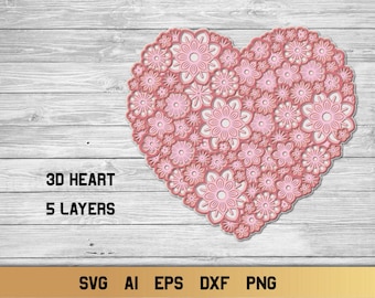 Corazón floral SVG, corazón 3D en capas (5 capas), archivo de corte digital para uso comercial