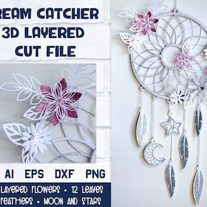 Boho Dream Catcher SVG, 3d Layered SVG Floral Dreamcatcher, Tribal Dreamer with Feathers and Moon.