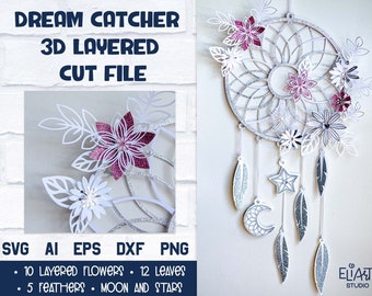 Boho Dream Catcher SVG, 3d Layered SVG Floral Dreamcatcher, Tribal Dreamer with Feathers and Moon.