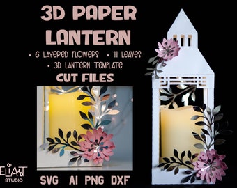 Floral Lantern SVG, Paper Lantern SVG with Flowers, 3d SVG Led Candle Holder.