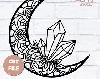 Crystal SVG, Moon Mandala SVG, Floral Crescent Moon SVG.