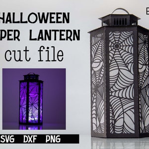 3d Halloween Paper Lantern SVG Design with Spider Web Pattern. This Led Candle Holder can be used for Home Decor and is Compatible with Cricut and Silhouette