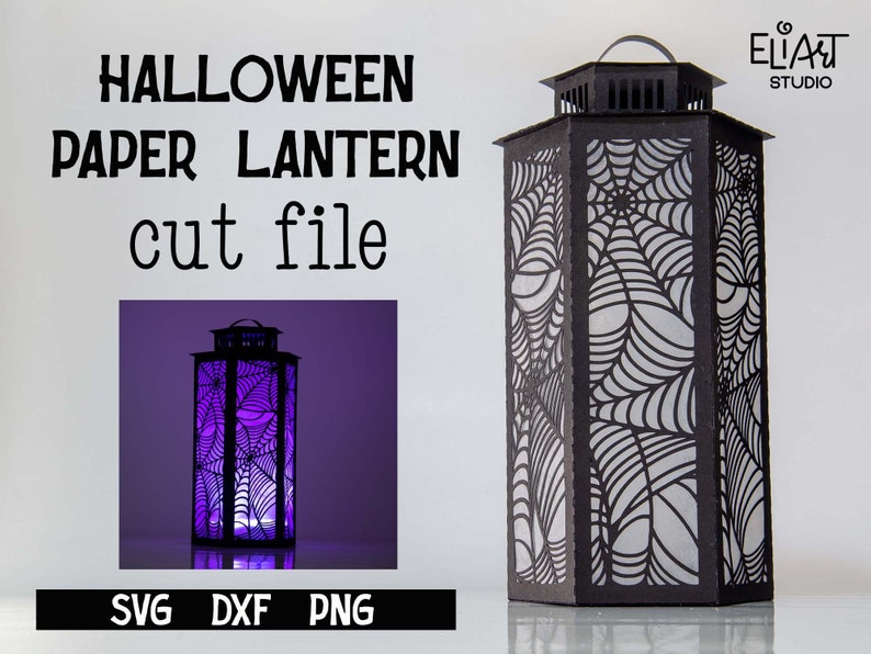 3d Halloween Paper Lantern SVG Design with Spider Web Pattern. This Led Candle Holder can be used for Home Decor and is Compatible with Cricut and Silhouette