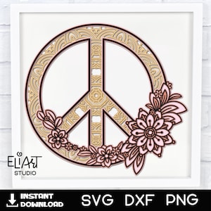 Signe de la paix en couches 3D SVG, fichier de coupe symbole de paix, utilisation commerciale de SVG floral.